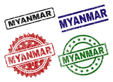 Myanmar pullar aşınmış tarzı ile kapatın. Siyah, yeşil, kırmızı, mavi vektör kauçuk Myanmar etiketinin toz tarzı ile yazdırır. Lastik conta ile daire, dikdörtgen, madalyon şekilleri.