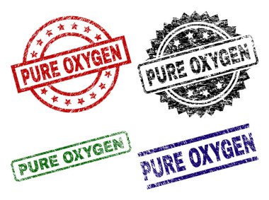 Saf oksijen mühür ile aşınmış doku yazdırır. Siyah, yeşil, kırmızı, mavi vektör kauçuk saf oksijen etiketinin aşınmış tarzı ile yazdırır. Lastik conta ile daire, dikdörtgen, madalyon şekilleri.