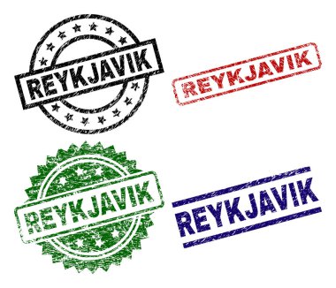Reykjavik mühür ile aşınmış yüzey yazdırır. Siyah, yeşil, kırmızı, mavi vektör kauçuk baskı aşınmış yüzey ile Reykjavik resim yazısı. Lastik conta ile daire, dikdörtgen, madalya şekilleri.