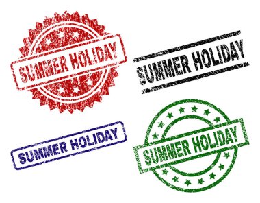 Yaz tatili pullar aşınmış tarzı ile kapatın. Yaz tatili Başlık aşınmış yüzey ile siyah, yeşil, kırmızı, mavi vektör kauçuk yazdırır. Lastik conta ile daire, dikdörtgen, madalya şekilleri.