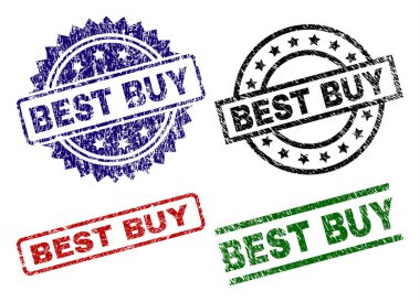 Hasarlı yüzey ile en iyi satın almak mühür baskılar. Siyah, yeşil, kırmızı, mavi vektör kauçuk grunge yüzeyi ile Best Buy etiketin yazdırır. Lastik conta ile daire, dikdörtgen, madalyon şekilleri.