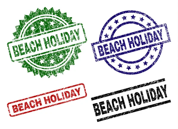 海滩假日封印印与被腐蚀的表面 蓝色矢量橡胶打印的海滩假日标题与腐蚀的表面 带圆形 长方形 花环形状的橡胶密封件 — 图库矢量图片