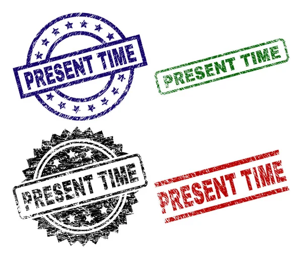 Damaged Textured PRESENT TIME Seal Stamps — Stock Vector