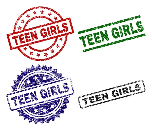 Damaged Textured TEEN GIRLS Seal Stamps — Stock Vector