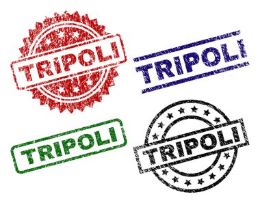 Trablus pullar sıkıntı yüzeyi ile kapatın. Siyah, yeşil, kırmızı, mavi vektör kauçuk tırmalamak yüzey ile Trablus metin yazdırır. Lastik conta ile daire, dikdörtgen, madalyon şekilleri.