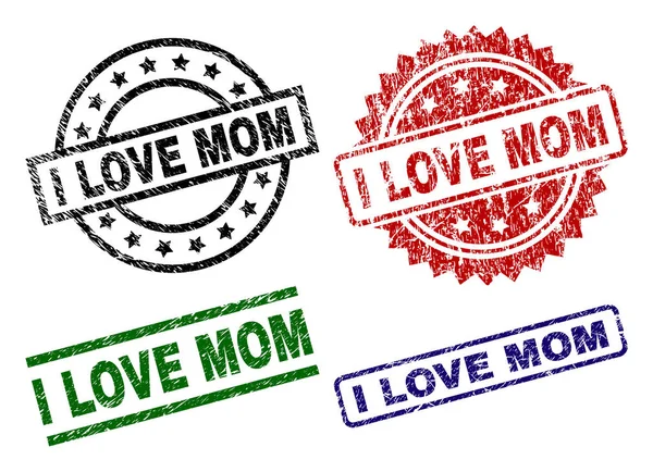 Love Mom Seal Prints Distress Surface Black Green Red Blue — Stock Vector