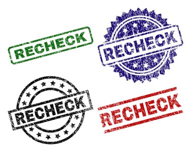 RECHECK seal prints with corroded texture. Black, green,red,blue vector rubber prints of RECHECK label with unclean texture. Rubber seals with round, rectangle, medal shapes. clipart