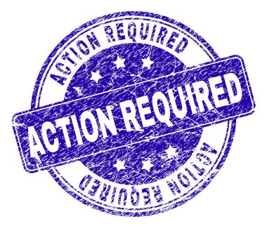 Eylem gerekli damga mühür Künye grunge tarzı ile. Yuvarlatılmış dikdörtgen ve daireler ile tasarlanmış. Mavi vektör kauçuk baskı grunge tarzı ile eylem gerekli resim yazısı.