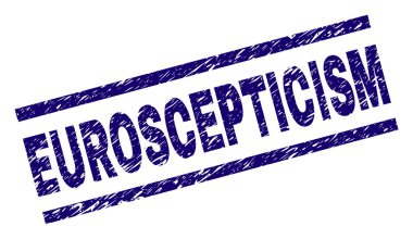 Euroscepticism mühür sıkıntı stiliyle yazdırma. Mavi vektör kauçuk kirli tekstürlü Euroscepticism resim yazısı, bastır Metin resim yazısı paralel çizgiler arasında yer alıyor.