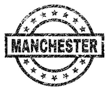 Manchester damga mühür filigran sıkıntı tarzı ile. Dikdörtgen, daire ve yıldız ile tasarlanmıştır. Siyah vektör kauçuk baskı kirli doku ile Manchester etiketin.