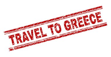 Seyahat-Yunanistan Künye doku ile kapatın. Kırmızı vektör kauçuk baskı, retro doku ile seyahat-Yunanistan resim yazısı. Metin başlığı çift paralel çizgi arasında yer alıyor.