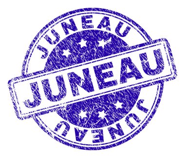 Juneau damga mühür sıkıntı tekstürlü baskı. Yuvarlak köşeli dikdörtgenler ve daireler ile tasarlanmış. Mavi vektör kauçuk baskı Juneau etiketinin doku ile.