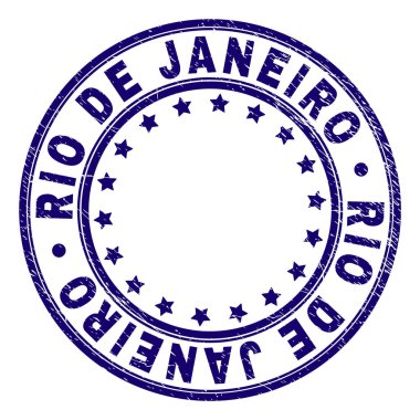 Rio De Janeiro damga mühür Künye doku ile. Daireler ve yıldız ile tasarlanmış. Mavi vektör kauçuk baskı kirli doku ile Rio De Janeiro resim yazısı.