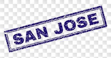 San Jose damga sıkıntı stiliyle baskı mühür ve çift dikdörtgen çerçeveli. Damga şeffaf bir arka plan üzerine yerleştirilir. Mavi vektör kauçuk baskı San Jose etiketinin kirli doku ile.