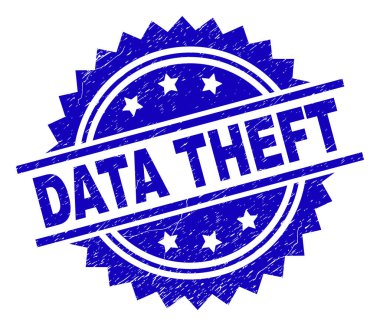 Veri hırsızlığı damga mühür filigran sıkıntı tarzı ile. Mavi vektör kauçuk baskı aşınmış doku ile veri hırsızlığı resim yazısı.