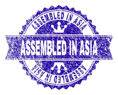 Asya'daki monte rozet damga damga doku ile. Yuvarlak rozet, şerit ve küçük kron ile tasarlanmıştır. Mavi vektör kauçuk filigran doku ile Asya'daki monte etiketin.