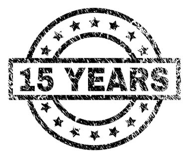 15 yıl damga mühür filigran sıkıntı tarzı ile. Dikdörtgen, daire ve yıldız ile tasarlanmıştır. Siyah vektör kauçuk baskı kirli doku ile 15 yaşındaki metin.