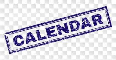 Takvim damga ile çizilmiş tarzı baskı mühür ve çift dikdörtgen şekli çerçeveli. Damga şeffaf bir arka plan üzerine yerleştirilir. Mavi vektör Kauçuk Baskı Takvim başlığı kirli doku ile.