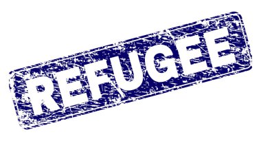 Mülteci damga mühür grunge tarzı ile yazdırma. Bir yuvarlatılmış dikdörtgen çerçeve ile mühür şekildir. Mavi vektör kauçuk baskı mülteci etiketinin kirli tarzı ile.