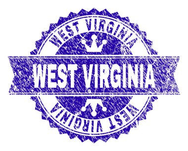 Batı Virginia rozet damga filigran doku ile. Yuvarlak rozet, şerit ve küçük kron ile tasarlanmıştır. Mavi vektör kauçuk baskı Batı Virginia etiketinin doku ile.
