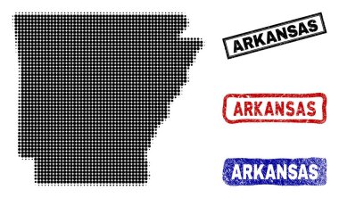 Arkansas eyalet harita Grunge adı pulları ile yarı ton nokta tarzında