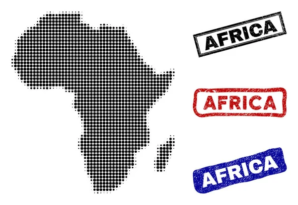 Africa Mappa in Halftone Dot Style con Grunge Titolo Francobolli — Vettoriale Stock
