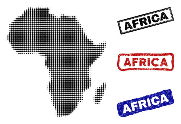 Africa Map in Halftone Dot Style with Grunge Title Stamps