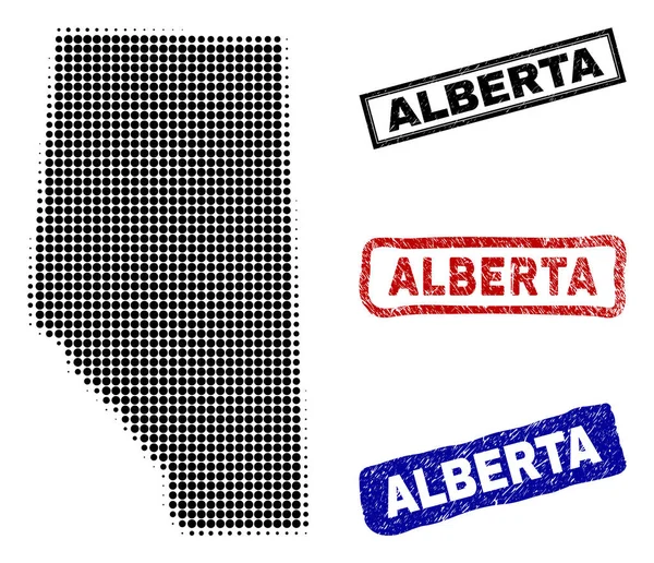 Mapa de la provincia de Alberta en estilo Halftone Dot con sellos de nombre grunge — Vector de stock