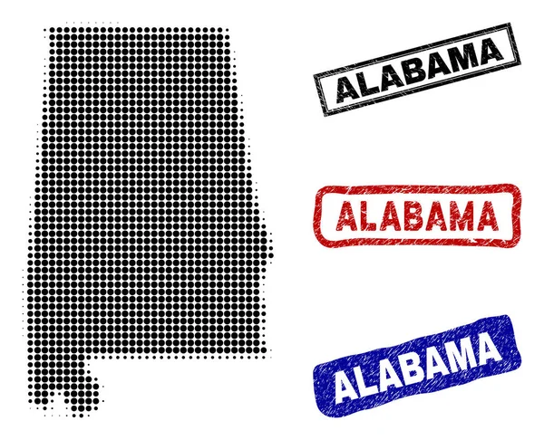 Mapa del estado de Alabama en estilo de punto medio con sellos de nombre grunge — Vector de stock