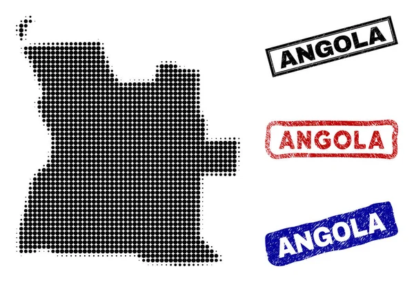 Kaart van Angola in Halftone Dot stijl met Grunge titel stempels — Stockvector