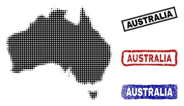 Austrália Mapa em Halftone Dot Style com Grunge Título Selos — Vetor de Stock