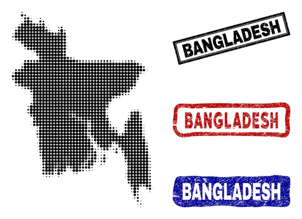 Bangladesh Mapa em Halftone Dot Style com Grunge Legenda Selos —  Vetores de Stock
