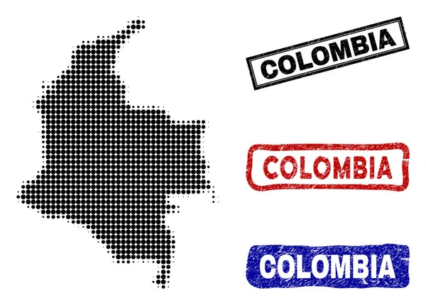 Colombia Map in Halftone Dot Style with Grunge Title Stamps — Stock Vector