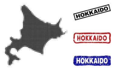 Grunge başlık pulları ile yarı ton nokta tarzında Hokkaido Adası Haritası
