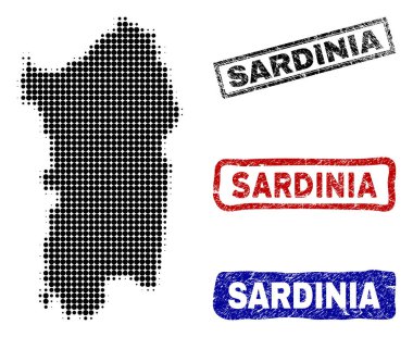 Yarı ton nokta tarzı Grunge başlık pulları ile İtalyan Sardunya Adası Haritası