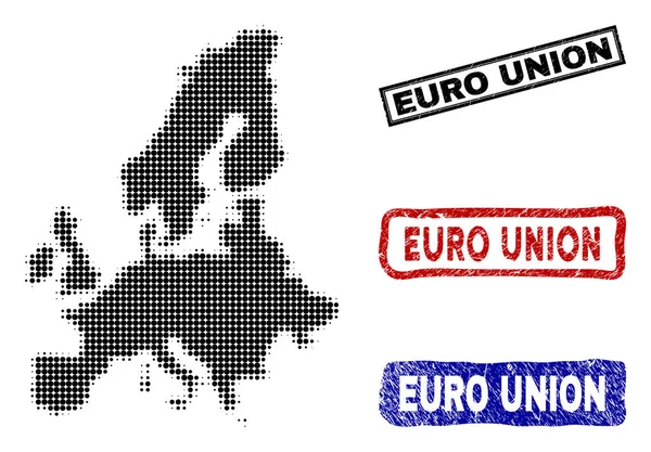 Euro Union Carte dans le style Halftone Dot avec Grunge Légende Timbres — Image vectorielle