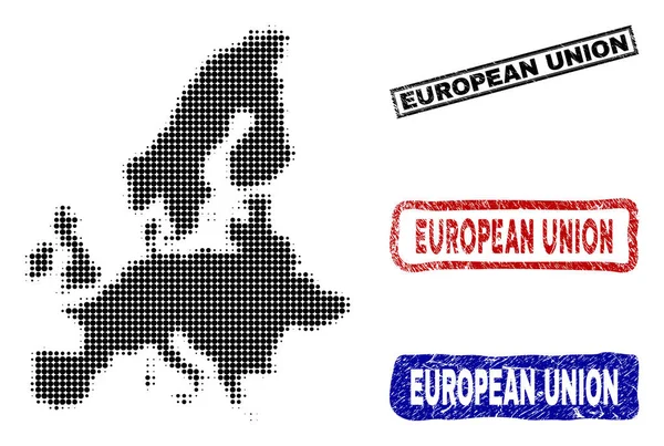 Carte de l'Union européenne dans le style Halftone Dot avec Grunge Titre Timbres — Image vectorielle