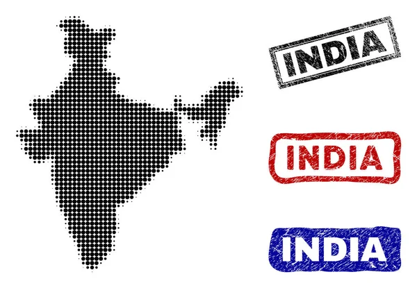 Índia Mapa em Halftone Dot Style com Grunge Título Selos —  Vetores de Stock