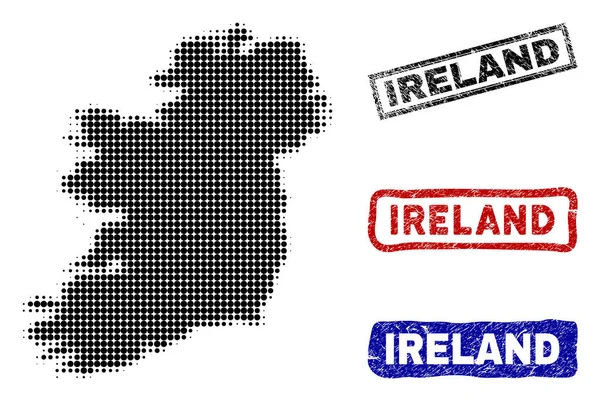 Irlande Carte de l'île dans le style Halftone Dot avec Grunge Titre Timbres — Image vectorielle