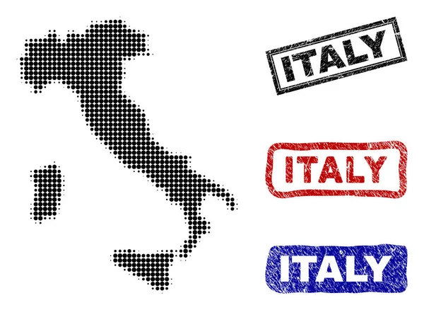Italia Mapa en Halftone Dot Estilo con Grunge Name Sellos — Vector de stock