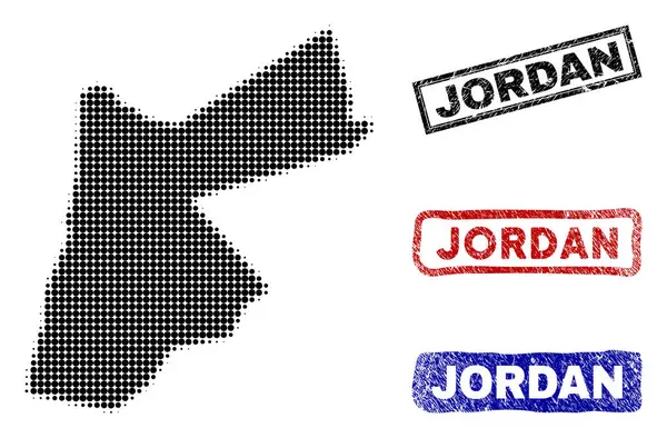 Mapa de Jordania en estilo de punto medio con sellos de leyenda grunge — Vector de stock