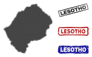 Grunge adı pulları ile yarı ton nokta tarzında Lesoto Haritası
