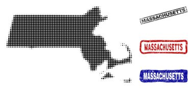 Massachusetts eyalet harita Grunge adı pulları ile yarı ton nokta tarzında