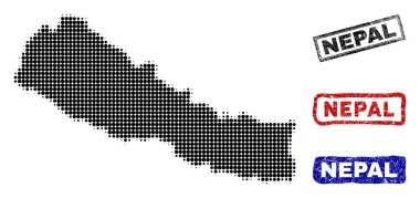 Grunge başlık pulları ile yarı ton nokta tarzında Nepal Haritası