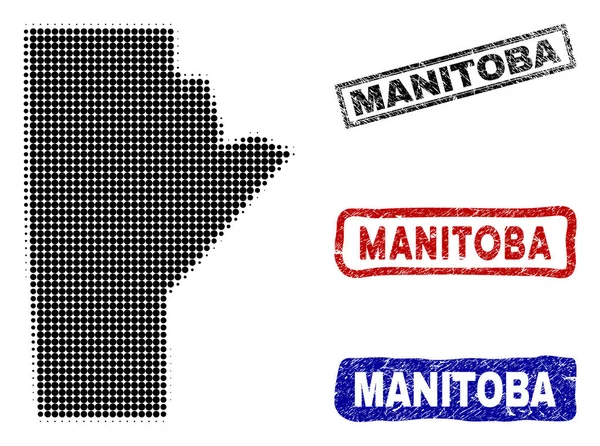 Kaart van de provincie Manitoba in Halftone Dot stijl met Grunge bijschrift stempels — Stockvector