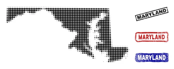 Maryland State karta i halvton Dot stil med Grunge titel frimärken — Stock vektor