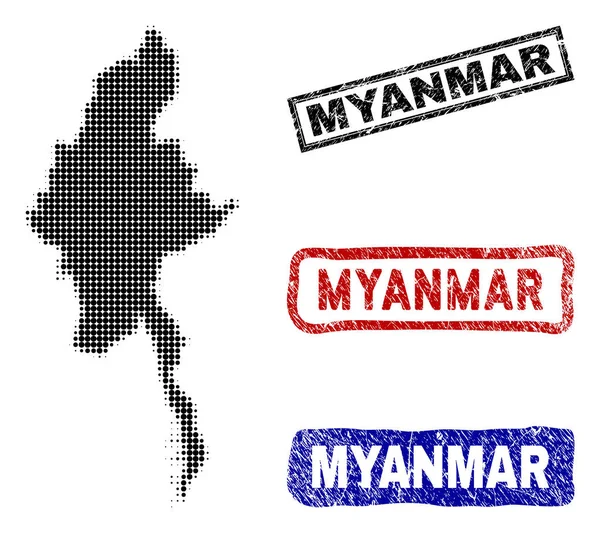 Myanmar karta i halvton Dot stil med Grunge namn frimärken — Stock vektor