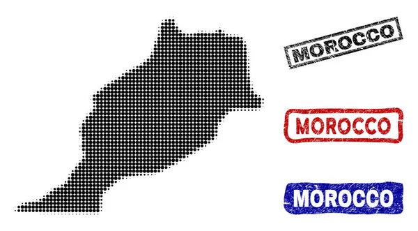 Marrocos Mapa em Halftone Dot Estilo com Grunge Nome Selos — Vetor de Stock