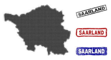 Saarland devlet harita Grunge resim yazısı pulları ile yarı ton nokta tarzında