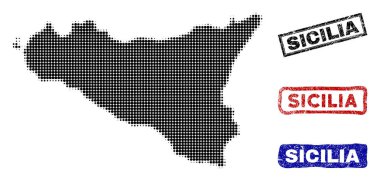 Grunge başlık pulları ile yarı ton nokta tarzında Sicilia ada Haritası